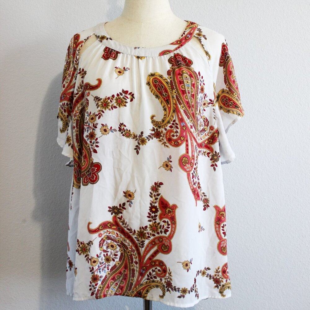 Liz Claiborne Career Bell Sleeve Peasant Boho Blouse Neckline Cutout Size XL